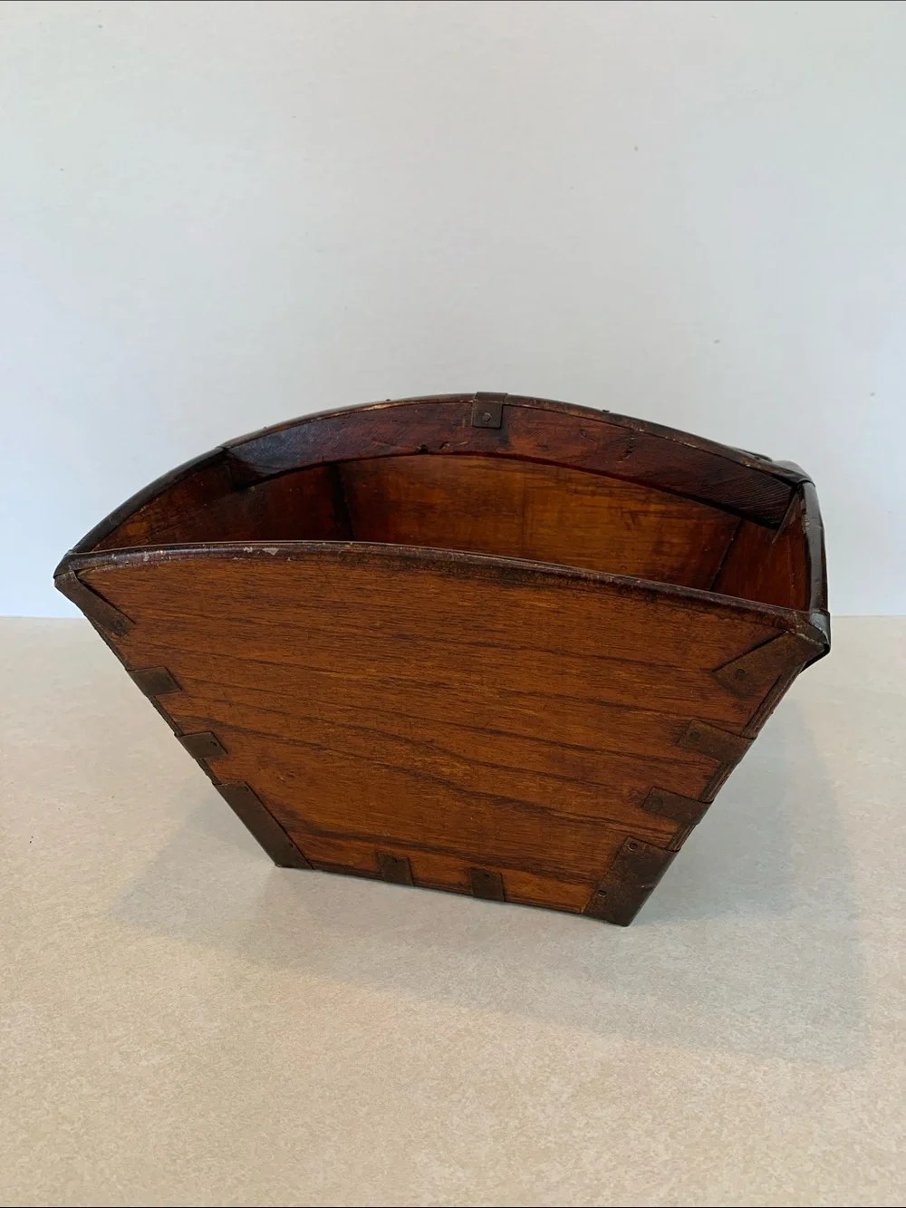 Oriental Asian Wood Rice/Harvest Style Basket with Metal Straps